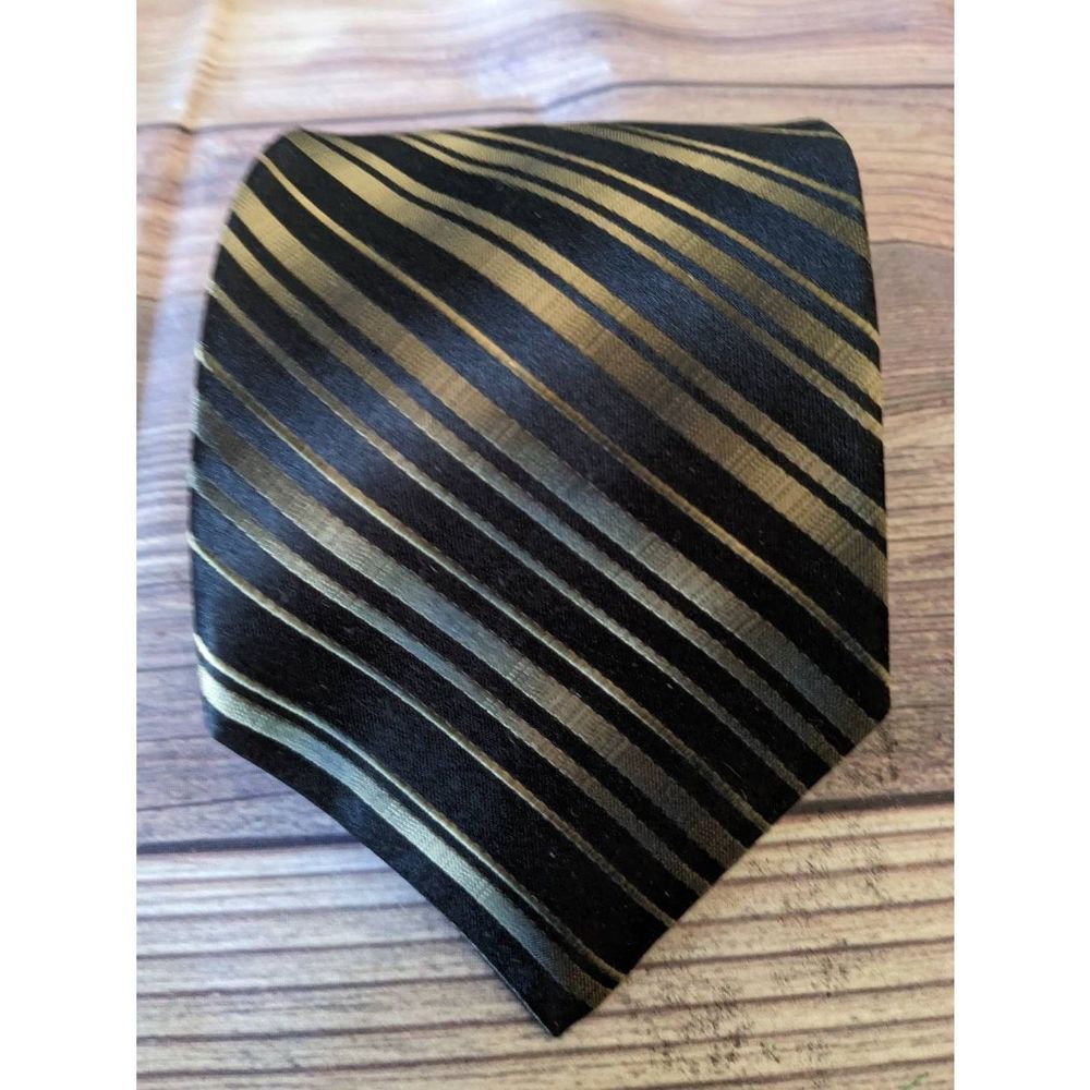 EUC Men's Murano Italia Vintage Silk Tie Gold &Black Diagonal Stripe T65